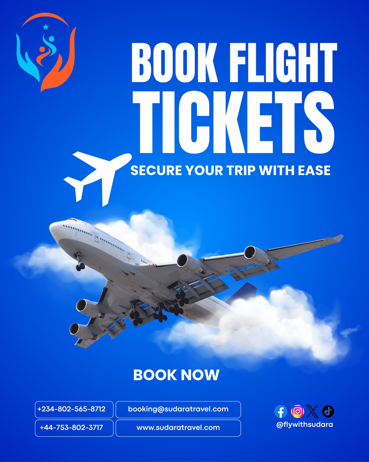 Poster: book flight tickets, a jumbo jet flying through white clouds in a bright blue sky